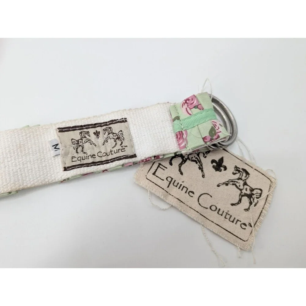 Equine Couture Green Floral Roses Ruffled Equestrian Canvas D-Ring Belt Medium